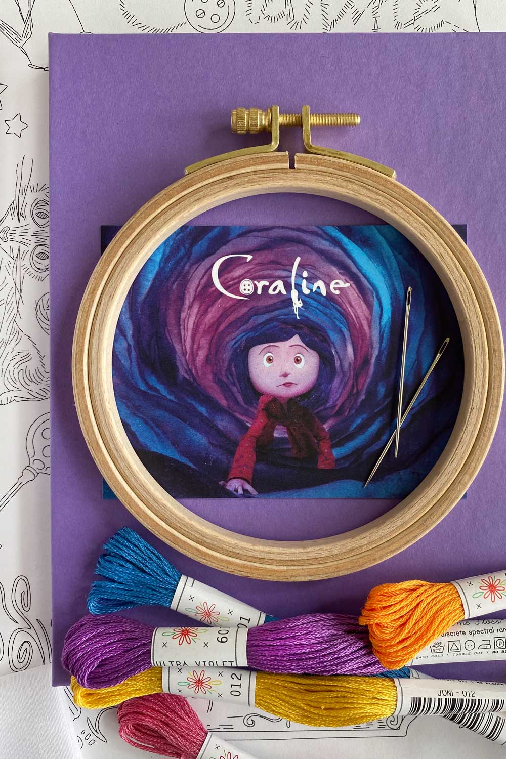 Beginner Friendly Fun Needle Craft Kit-Coraline with Button on it- Counted  Cross Stith Kit