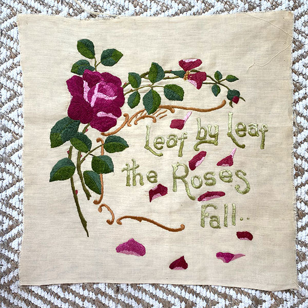 "Roses Fall" Embroidered Pillow Top (very old)