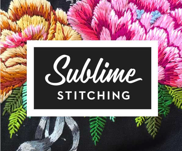 Sublime Stitching Logo against an embroidered backdrop by Jenny Hart