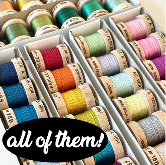 EMBROIDERY TREASURE CHEST #1: Perlée Silks on Wood Bobbins (15 colorways)